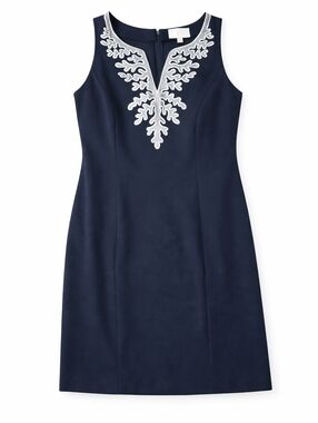 Pappagallo Navy Sheath Dress Womens Sleeveless Embroidered Neckline
